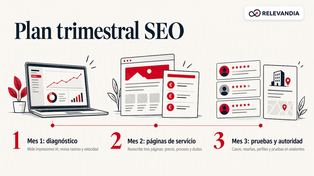Tres etapas mensuales del plan SEO para IA