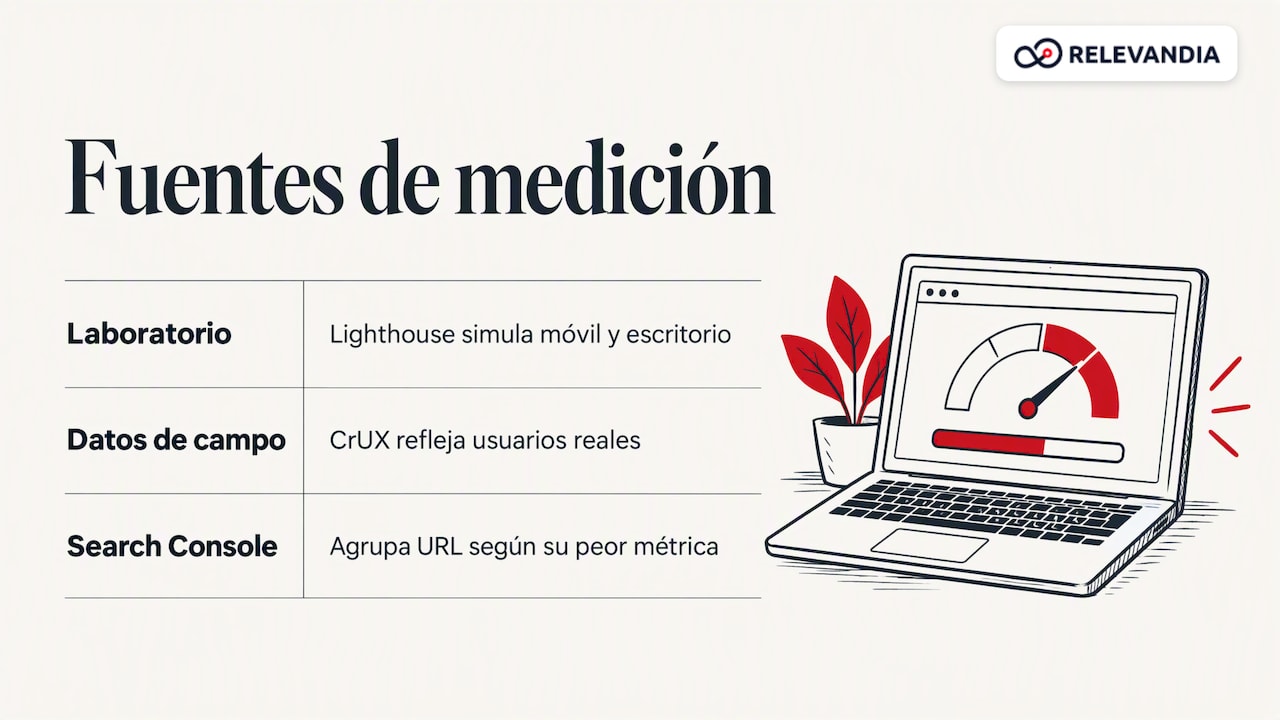 Cómo medir la velocidad de tu web en móvil y escritorio — overview diagram